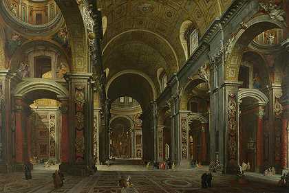 圣彼得教堂的屋内`The Interior of St Peter\’s by Giovanni Paolo Panini