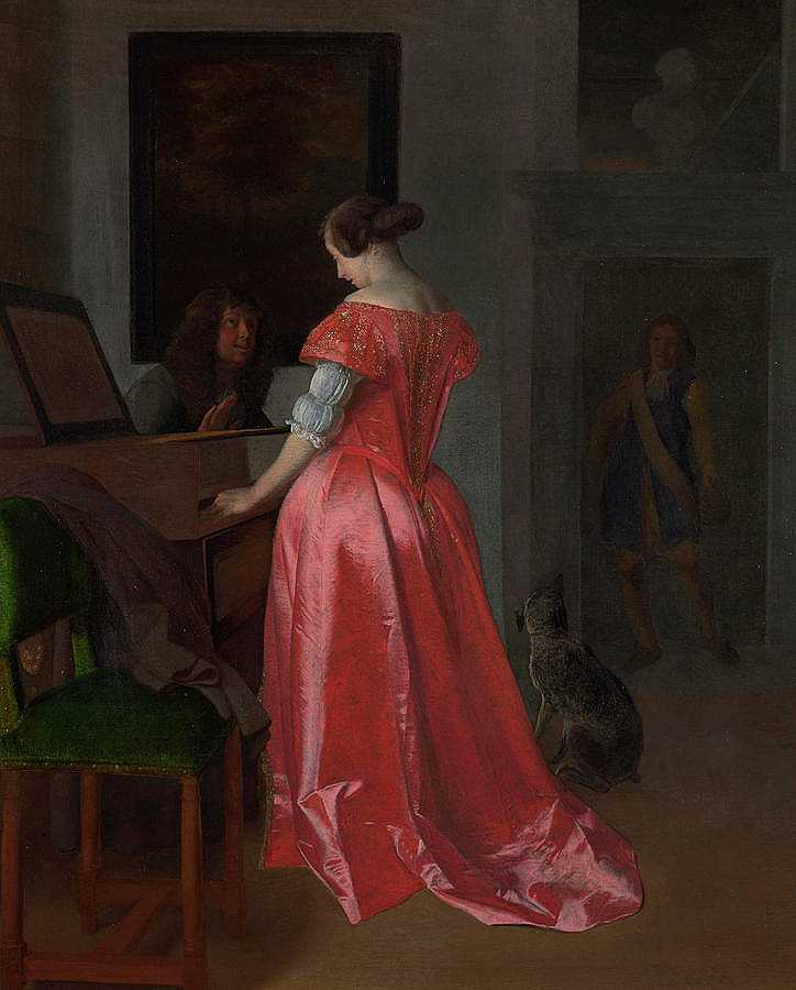 一个女人站在大键琴前，一个男人坐在她旁边`A Woman standing at a Harpsichord, a Man seated by her by Jacob Ochtervelt