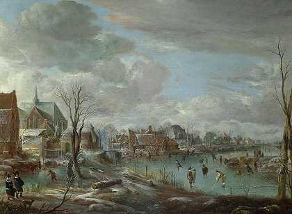 村庄附近一条冰冻的河流，有高尔夫球手和滑冰者`A Frozen River near a Village, with Golfers and Skaters by Aert van der Neer