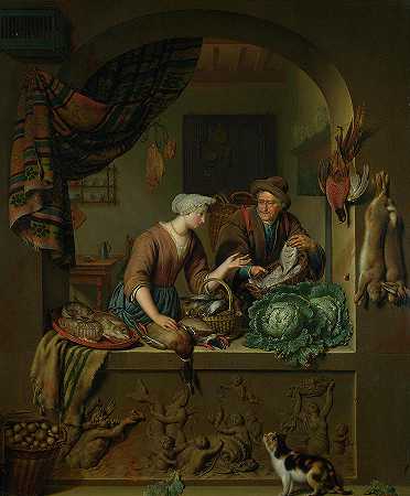 厨房里有一个女人和一个卖鱼的小贩`A Woman and a Fish-pedlar in a Kitchen by Willem van Mieris