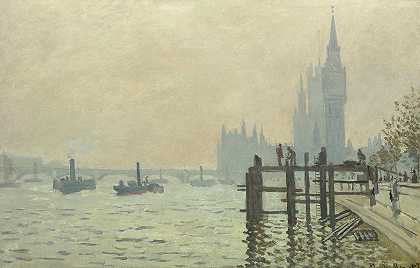 威斯敏斯特下的泰晤士河`The Thames below Westminster by Claude Monet