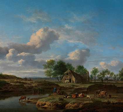 溪边有农场的风景`A Landscape with a Farm by a Stream by Adriaen van de Velde