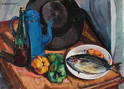 鱼的静物画`Still life with fish (1924) by Nina Aleksandrowicz