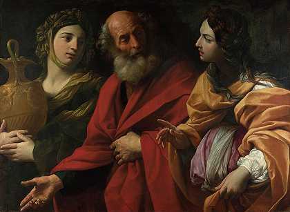 罗得和他的女儿离开所多玛`Lot and his Daughters leaving Sodom by Guido Reni