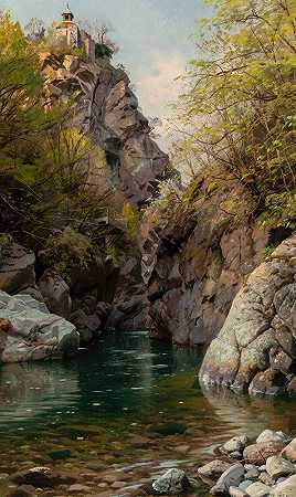 梅兰峡谷`En bjerg slugt (The Mountain Gorge, Meran) (1913) by Peder Mørk Mønsted