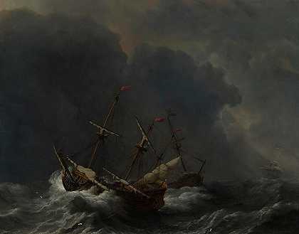 大风中的三艘船`Three Ships in a Gale by Willem van de Velde