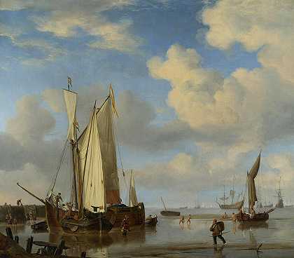 荷兰船只靠岸，人们洗澡`Dutch Vessels Inshore and Men Bathing by Willem van de Velde