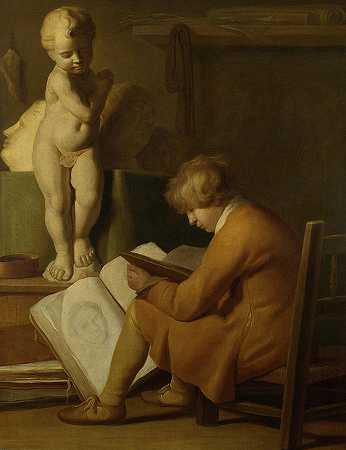 男孩坐着画画`A Boy seated Drawing by Wallerant Vaillant
