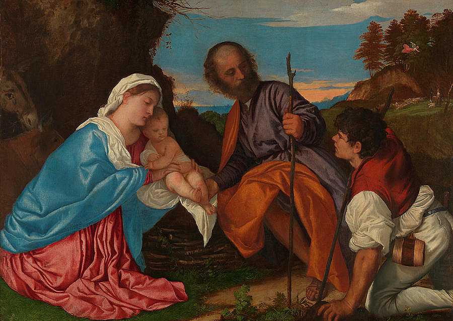 有牧羊人的神圣家庭`The Holy Family with a Shepherd by Titian