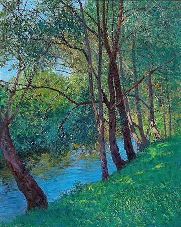 非盟溪流（多瑙河克雷姆斯河下游）`The Stream in the Au (on the Krems Lower Austria Krems,Danube) (1909) by Alfred Zoff