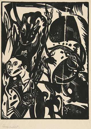 带牛和山羊的男人`Man with Cow and Goat (1916) by Heinrich Campendonk