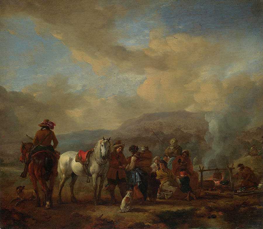吉卜赛营地的两名骑手`Two Horsemen at a Gipsy Encampment by Philips Wouwerman