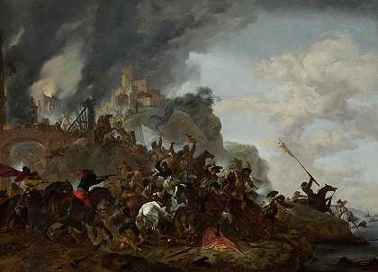 骑兵从山上的堡垒出击`Cavalry making a Sortie from a Fort on a Hill by Philips Wouwerman