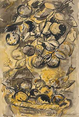 苹果的静物画`Still Life with Apples (1940) by Arnold Peter Weisz-Kubínčan