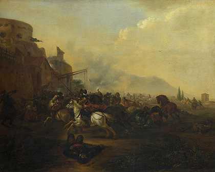 骑兵进攻要塞`Cavalry attacking a Fortified Place by Hendrick Verschuring