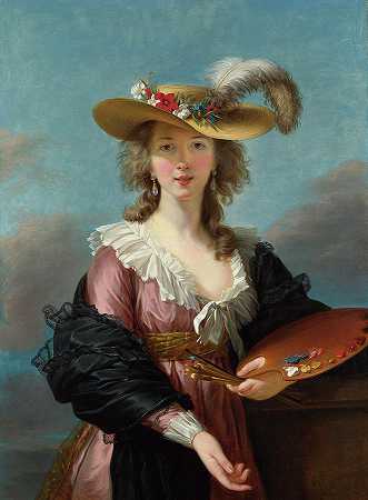 戴草帽的自画像`Self Portrait in a Straw Hat by Elisabeth Louise Vigee Le Brun