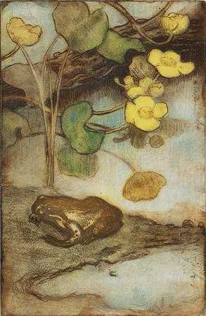 沼泽金盏花蛙`Frog With Marsh Marigold (1880 ~ 1937) by Eero Järnefelt