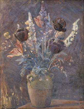 带有郁金香和其他花朵的粘土花瓶`Lervase Med Tulipaner Og Andre Blomster (1884 ~ 1938) by Karl Schou