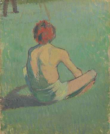 坐在草地上的男孩`Boy sitting in the grass by Emile Bernard