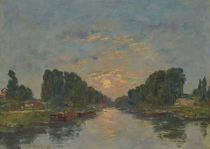 索姆河畔圣瓦莱里。月球对运河的影响`Saint Valéry sur Somme. Effet de lune sur le canal (1891) by Eugène Boudin