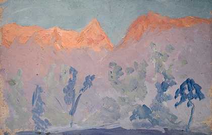 日落时的群山`Mountains at Sunset by Ernst Schiess