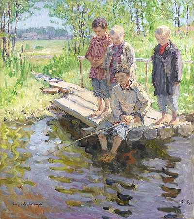 小男孩们渴望被抓住`Little Boys Eager For A Catch by Nikolai Bogdanov-Belsky