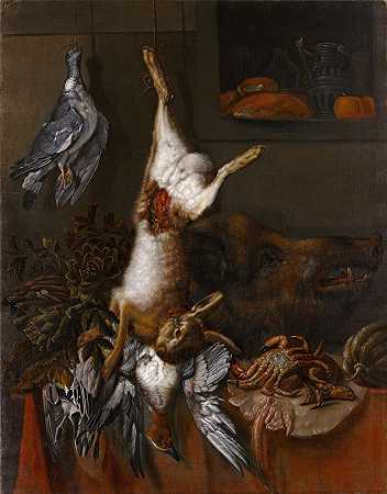 与野兔狩猎静物`Hunting Still Life With A Hare (1684) by Hinrich Stravius