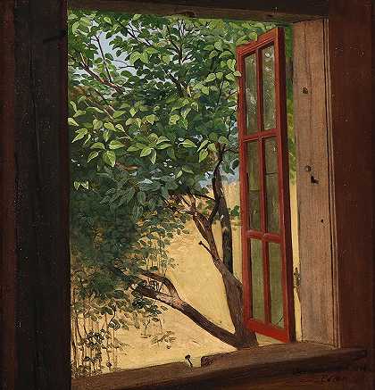 守卫路。打开窗口查看`Værnedamsvej. Udsigt fra åbent vindue (1845) by Julius Exner