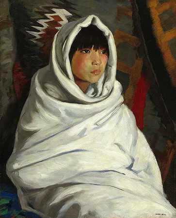 穿着白毯子的印度女孩`Indian Girl in White Blanket (1917) by Robert Henri