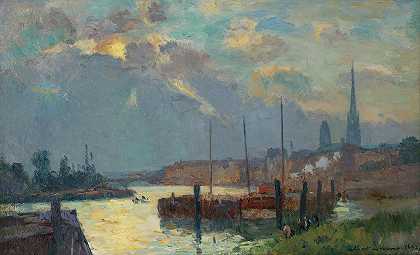 鲁昂港和大教堂`Le Port Et La Cathédrale De Rouen (1892) by Albert Lebourg