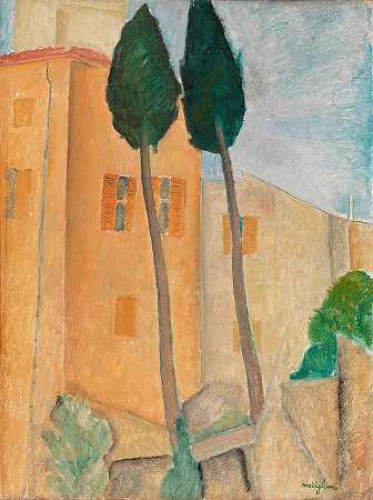 卡涅斯的柏树和房屋`Cypresses and Houses at Cagnes by Amedeo Modigliani