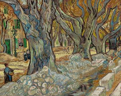 大梧桐（圣雷米的修路工）`The Large Plane Trees (Road Menders at Saint~Rémy) (1889) by Vincent van Gogh