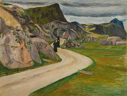 在一条路上用六个分拣机着陆`Landskap med 6 Sortkledde Skikkelser på en vei (1915) by Ludvig Ravensberg
