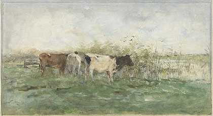 池塘边的奶牛`Koeien bij een plas (1844 ~ 1910) by Willem Maris