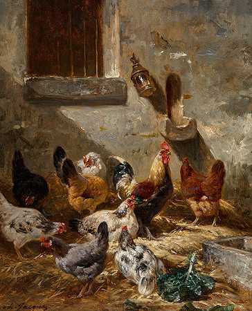 院子里的公鸡和母鸡`Coq et poules dans la basse~cour by Charles Emile Jacque