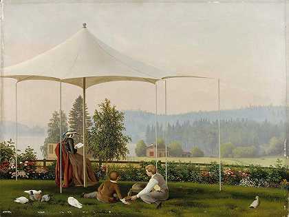 在哈米纳拉蒂的花园里`In The Garden Of Haminalahti (1856 ~ 1857) by Ferdinand von Wright