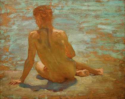 《早间花花公子》裸体青年研究素描`Sketch of Nude Youth Study for Morning Spelendour by Henry Scott Tuke