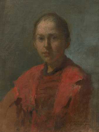 穿红裙子的女孩`Girl in a red dress (1906) by Elemír Halász-Hradil