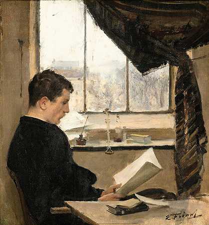 在工作室里阅读自画像，也被称为学生`Self~Portrait Reading In The Studio, Also Known As The Student by Émile Friant