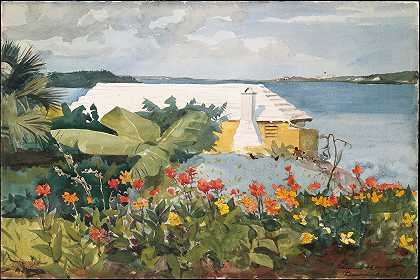百慕大花园和别墅`Flower Garden and Bungalow, Bermuda (1899) by Winslow Homer