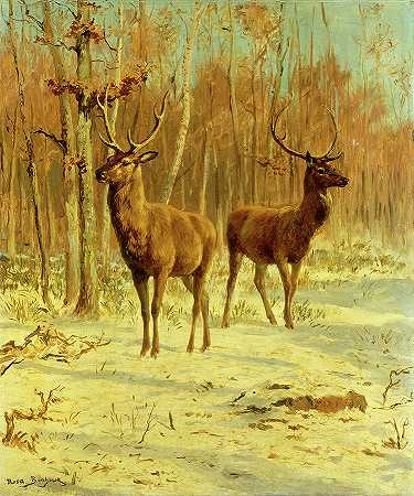 冬天空地上的两只牡鹿`Two Stags in a Clearing in Winter by Rosa Bonheur