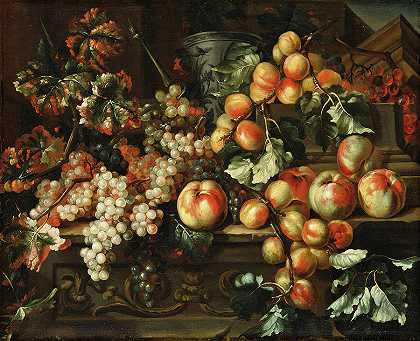 苹果和葡萄的静物画`Still Life with Apples and Grapes by Michelangelo di Campidoglio