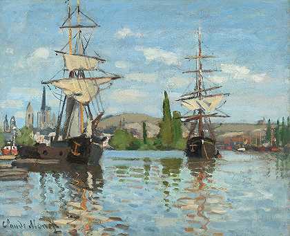 在鲁昂塞纳河上航行的船只`Ships Riding on the Seine at Rouen by Claude Monet