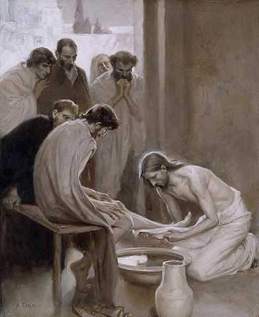 耶稣给门徒洗脚`Jesus Washing the Feet of his Disciples by Albert Edelfelt