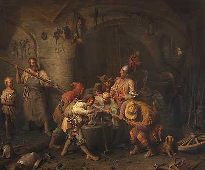 锻炉里的七个斯瓦比亚人正在检查他们的串肉`Die sieben Schwaben in der Schmiede beim Prüfen ihres Spießes (1866) by Peter Baumgartner