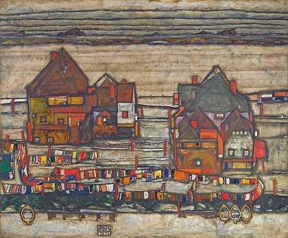 带洗衣房的房屋（郊区二）`Houses With Laundry (Suburb II) (1914) by Egon Schiele