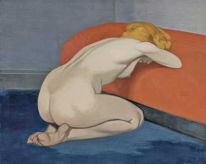 裸体女子跪在红色沙发前`Naked Woman Kneeling In Front of a Red Couch (1915) by Félix Vallotton