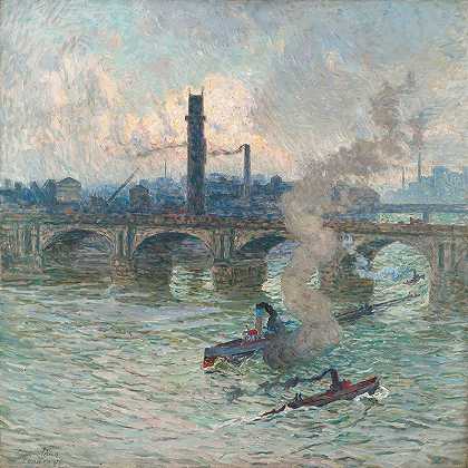 泰晤士河上的雾气、蒸汽和烟雾`Brume, vapeur et fumée sur la Tamise (1916) by Emile Claus