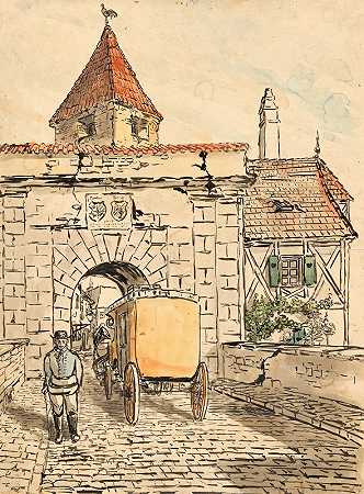 Stadttor mit Kutsche (Schülerarbeit)`Stadttor mit Kutsche (Schülerarbeit) (ca 1912) by Egon Schiele