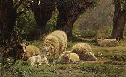 在树林空地上吃草的羊`Sheep Grazing In A Wooded Clearing (1869) by Juliette Peyrol-Bonheur